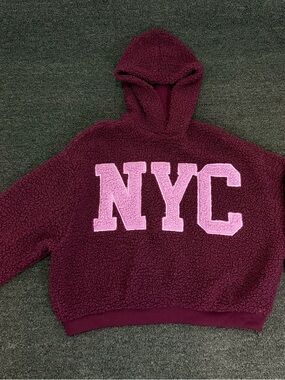 Cozy Burgundy Sherpa Hoodie with Pink NYC Applique